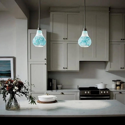 Crystal Ball 12.75 Inch One Light Mini Pendant With White Mosaic Glass And Brushed Nickel Finish in modern kitchen setting