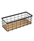Farmhouse Small Metal Wire Storage Basket With Wooden Bottom Black Rustic Organizer for kitchen cabinets and bathroom counter.