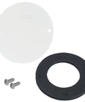 Weatherproof Outdoor Round Outlet Box Cover Plate 4 Inch White Metal 1 Pack With Gasket And Screws For Wet Locations Corrosion Resistant cULus Listed Today, showing cover plate, black gasket, and two screws.