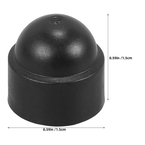 50 Pack M8 Black Plastic Hex Dome Nut Caps Protective Screw Covers for Exposed Ends, shown in close-up with dimensions