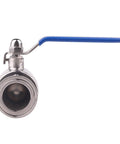 DERNORD 1.5-inch Tri-Clamp ball valve with blue lever, stainless steel 304, PTFE-lined.