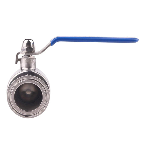 DERNORD 1.5-inch Tri-Clamp ball valve with blue lever, stainless steel 304, PTFE-lined.
