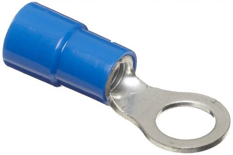 Blue Nylon Insulated Ring Terminal For Electrical Wiring, Three Eighths Inch Stud Size, Fits Six Wire Sizes, Heavy Duty Copper Alloy, Electro Tin Plated, Corrosion Resistant, Pack Of 100