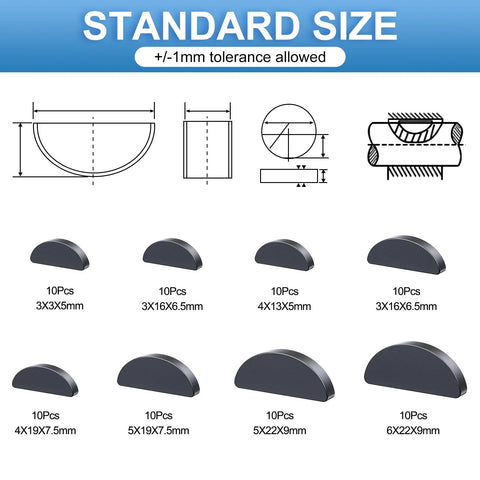 Lumanious 80pc woodruff key set, carbon steel semicircular keys in 8 sizes (10pcs each)