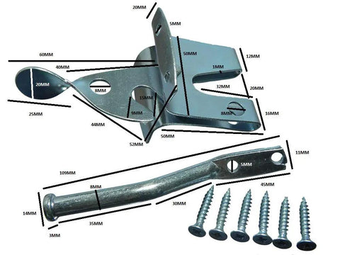 100 Pack Beefy Auto Gate Latches And Steel Catch Hooks With Bright Zinc Plated Rust Resistant Coating 1819 Pattern dimensions and hardware close-up