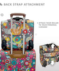 Underseat Carry On Rolling Bag for Women attached to personal luggage, showing back strap attachment and telescoping handle.