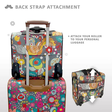 Underseat Carry On Rolling Bag for Women attached to personal luggage, showing back strap attachment and telescoping handle.