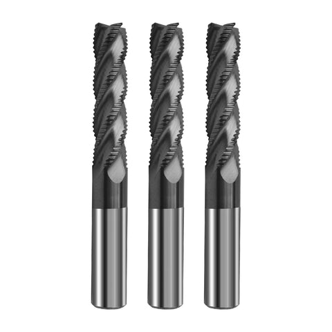 Three Pack Half Inch Carbide Roughing End Mills For Steel With Four Flutes 35 Degree Helix Nano Coated ALCrSiN CNC Router Bits