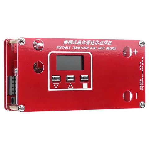 Portable Mini Spot Welder With LCD Display, Dual Power From Lithium Battery Packs Or 12V Car Supply, red casing, front view