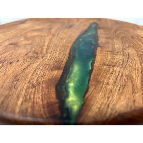 Close-up of 12 Inch Mesquite Wood Lazy Susan With Green Accent Go To Round Kitchen Turntable Rotating Tray For Pantry Cabinet Storage