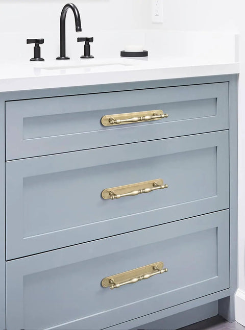 Champagne Bronze Cabinet Pulls With Backplates, 2 Pack, 5 Inch Center to Center on blue cabinet drawers with sink