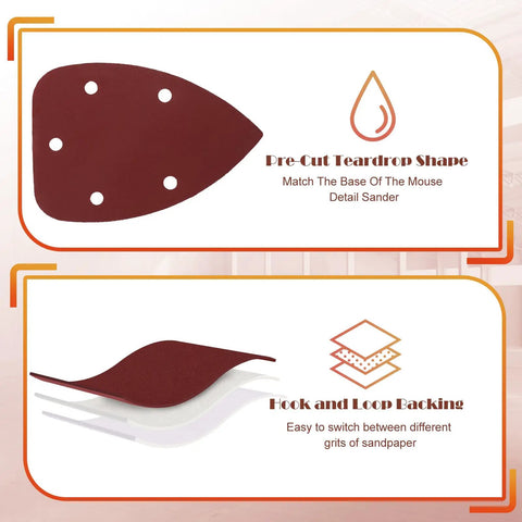 400 Grit Mouse Sander Sandpaper Pack Of 20 For Detail And Palm Sanders With Five Hole Hook And Loop Sheets Easy Velcro Backing Sized About 5.55 By 3.9 Inches Built For Fast Smooth Accurate Finishes showing teardrop shape and Velcro backing