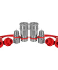 Front view of four 1/4-inch ISO 5675 hydraulic quick-connect adapters with NPT threads and red caps.