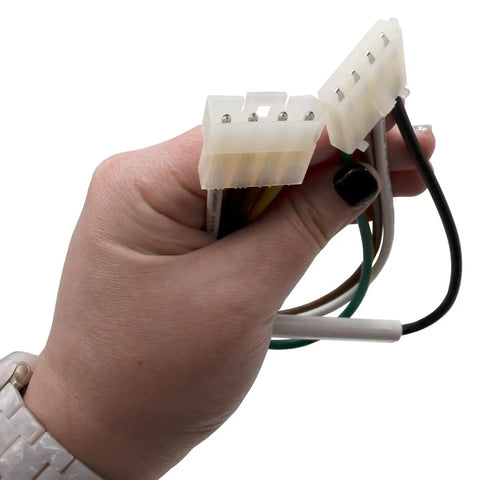 Close-up of hand holding wires from Beefed Up Eight Cube Ice Maker Assembly Replacement For Refrigerator Freezer Fits W10190960 And W10757851 Control Board Model Specific Not Universal Heavy Duty Kit With Durable Parts