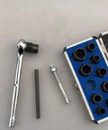 10 Piece Nut Remover Set For Impact Drivers, 9-19mm Nut Extractor Sockets, shown with ratchet and case
