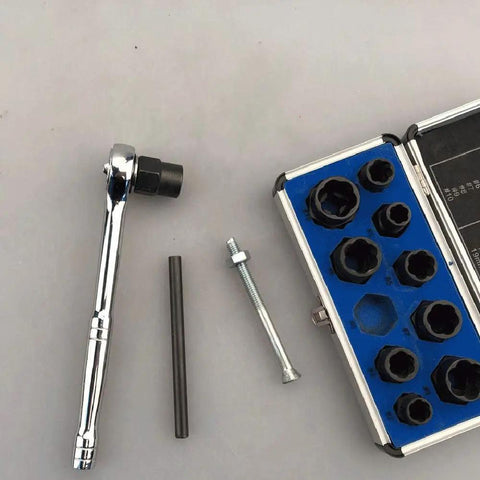 10 Piece Nut Remover Set For Impact Drivers, 9-19mm Nut Extractor Sockets, shown with ratchet and case