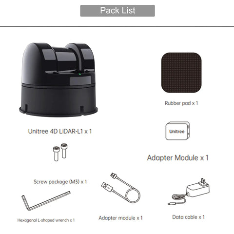 Unitree L2 4D Lidar Sensor With IMU, 360 Degree By 90 Degree Wide Angle Scanning, 30 Meter Range, pack list displayed