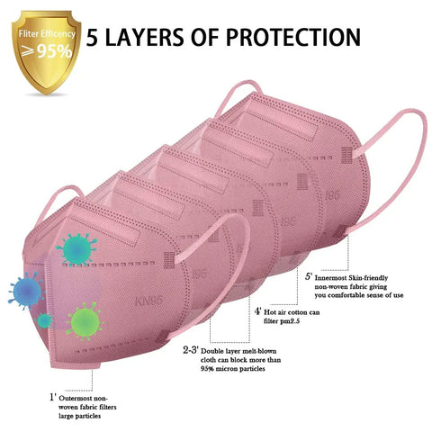 60 Pack KN95 Masks With 5 Layer Filtration Cup Design And Adjustable Nose Clip And Ear Loops For All Day Comfort in Dusty Rose