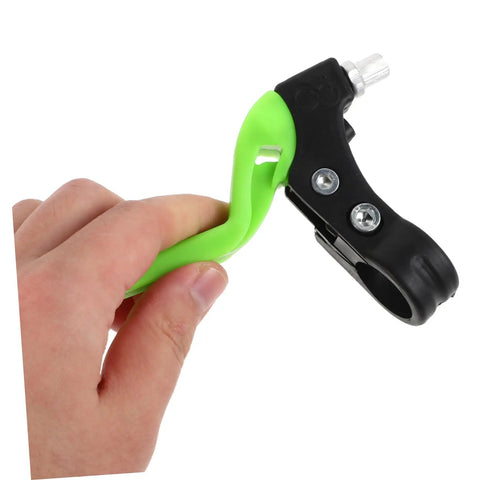 Hand holding Three Finger Bike Brake Lever For Boys And Girls, Ergonomic MTB Disc Brake Levers in light green, side view