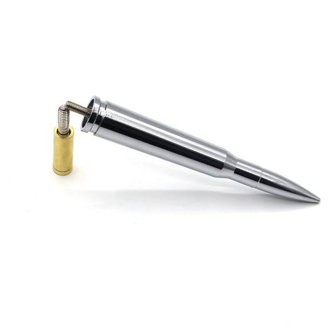 Stubby Antenna Mast 50 Cal Style Track Antenna Delete Replacement For Ford F Series F150 F250 F350 RAM 1500 2500 GMC Denali Chevy Pickup Trucks Aluminum Billet Build Weatherproof And Fade Resistant, shown in silver aluminum finish with mounting adapter.