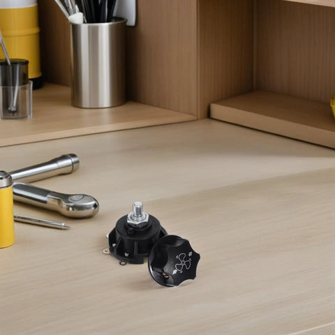 Rotary Fan Switch Knob With 4 Position Control And 3 Speed Settings For Industrial Machine Panels And Garage Ventilation, Easy High Low Medium Speeds, Durable Copper And Black Plastic Selector on workbench