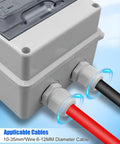 Heavy Duty 100 Amp Dc Circuit Breaker 1000 Volt Ip65 Waterproof showing cable connections for solar and wind systems.
