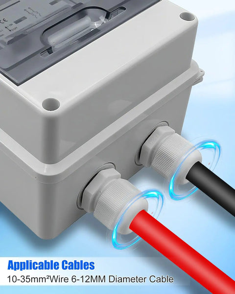 Heavy Duty 100 Amp Dc Circuit Breaker 1000 Volt Ip65 Waterproof showing cable connections for solar and wind systems.