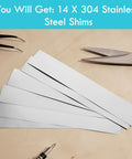 14 Piece 304 Stainless Steel Shim Stock Set With 1 Inch By 6 Inch Strips In Seven Thicknesses From 0.001 To 0.006 Inches Two Pieces Per Thickness Go To Kit For Precise Gap Shimming displayed with tools