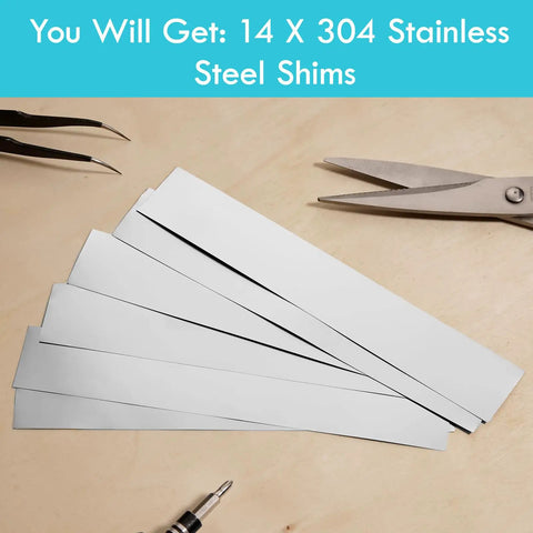 14 Piece 304 Stainless Steel Shim Stock Set With 1 Inch By 6 Inch Strips In Seven Thicknesses From 0.001 To 0.006 Inches Two Pieces Per Thickness Go To Kit For Precise Gap Shimming displayed with tools