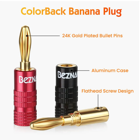 Banana Plugs With Dual Set Screws, Black And Red Aluminum Shell, Gold Plated 4mm Brass Contacts, Secure Connection For Clean, Distortion-Free Audio, High Fidelity Sound, Natural Sonic Accuracy, Six Pairs, red and black plugs
