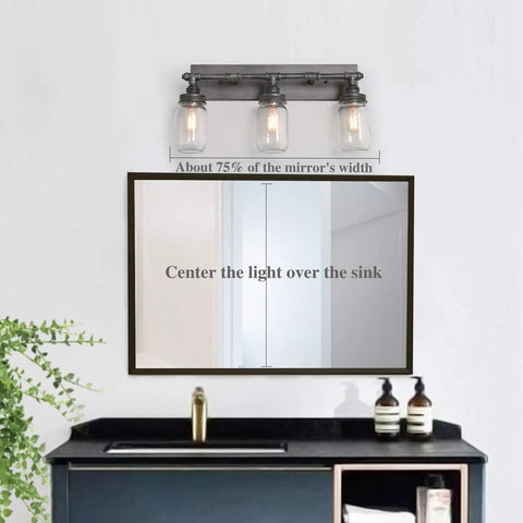 Industrial 3 Mason Jar Vanity Light Fixture, 24 Inch Bathroom Lighting With Antique Silver Brushed Finish above mirror and sink