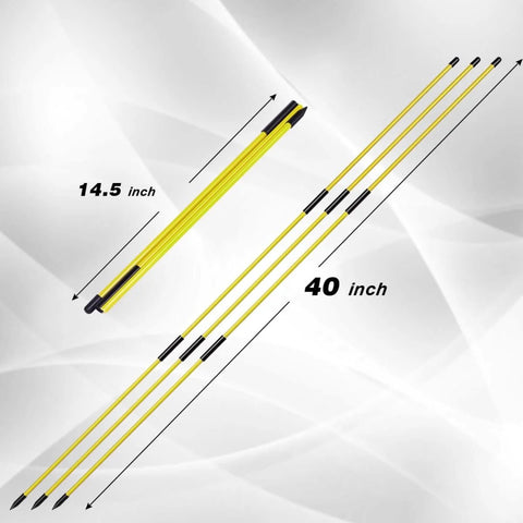 4 Pack Golf Alignment Sticks 40 Inch Collapsible Swing Path Trainers shown extended to 40 inches and folded to 14.5 inches