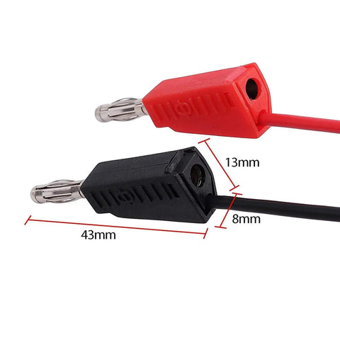 Red and black banana plugs with dimensions for Oscilloscope Probe Kit 100MHz With 10 To 1 And 1 To 1 Switchable Bandwidth Clip Probes.