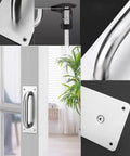 Collage of Two Pack Beefy Stainless Steel Door Pull Handles 8 Inch Heavy Duty Plate shown installed and detailed view