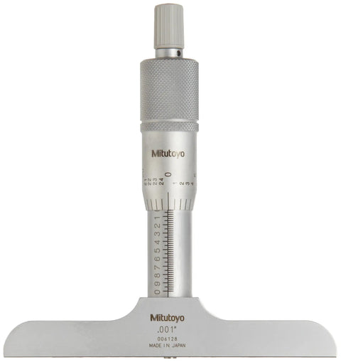 Vernier Depth Gauge Micrometer Style Pro Grade 0 To 1 Inch Range With 0.001 Inch Graduation, satin chrome base, rod, and clamp visible