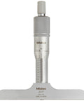 Vernier Depth Gauge Micrometer Style 0-1 Inch Range With 0.001 Inch Graduation Plus Minus 0.003mm Accuracy 4x0.63 Inch Base 0.157 Inch Rod Ratchet Stop Rod Clamp Satin Chrome Thimble For Easy Reading, Mitutoyo
