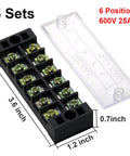 Two Pack Six Position Dual Row Screw Terminal Strips With Covers 600V 25A showing black strip with clear cover