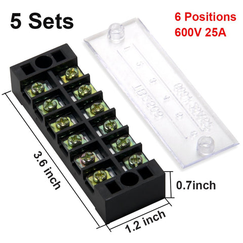 Two Pack Six Position Dual Row Screw Terminal Strips With Covers 600V 25A showing black strip with clear cover