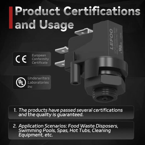LF40 Pressure Switch For Spa And Hot Tub Pumps, 1.0-1.8 PSI, showing UL and CE certifications