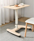 Smooth Operator Pneumatic Rolling Standing Desk With Pro Grade Swivel Casters For Home Office Laptop Workstation Quick Height Flex Deep Wood Grain Finish on stylish carpet with cookies and coffee.