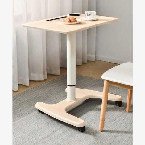 Smooth Operator Pneumatic Rolling Standing Desk With Pro Grade Swivel Casters For Home Office Laptop Workstation Quick Height Flex Deep Wood Grain Finish on stylish carpet with cookies and coffee.
