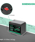 Diagram showing dimensions and details of 12V 12Ah LiFePO4 Battery With Built In 15A BMS for Power Wheels, Fish Finders, Small UPS