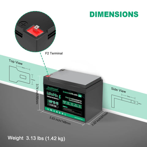 Diagram showing dimensions and details of 12V 12Ah LiFePO4 Battery With Built In 15A BMS for Power Wheels, Fish Finders, Small UPS