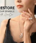 Woman with diamond ring and necklace, promotes Ultra Concentrated Ultrasonic Jewelry Cleaner Solution For Home Use Delivers Killer Deep Clean For Rings Watches Glasses Earrings Coins Works With Diamond Gold Silver 1 Quart Mix With Water.