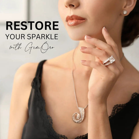 Woman with diamond ring and necklace, promotes Ultra Concentrated Ultrasonic Jewelry Cleaner Solution For Home Use Delivers Killer Deep Clean For Rings Watches Glasses Earrings Coins Works With Diamond Gold Silver 1 Quart Mix With Water.