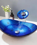 Cool Black Blue Glass Vessel Sink With Waterfall Faucet And Drain Oval Boat Shape Above Counter Modern Tempered Glass Bathroom Sink