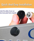 Matte Black License Plate Screw Caps Kit With M6X20mm Stainless Steel Bolts, close-up installation on novelty plate.