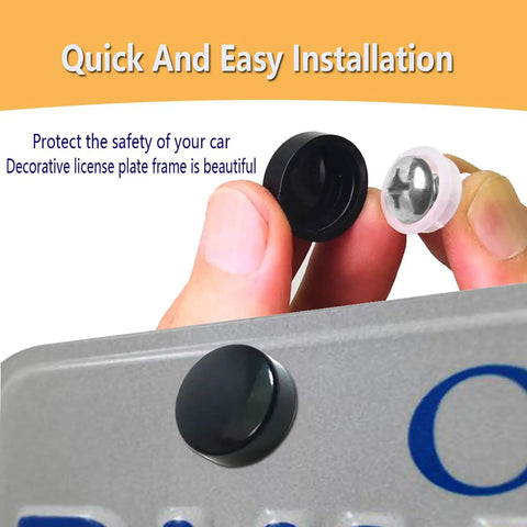 Matte Black License Plate Screw Caps Kit With M6X20mm Stainless Steel Bolts, close-up installation on novelty plate.