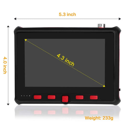 4 In 1 Portable CCTV Tester With 4.3 Inch HD LCD Display, front view showing dimensions and weight, black and red design.