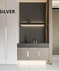 Hidden Aluminum Cabinet Handles For Doors And Drawers in a modern kitchen, featuring long silver pulls with smooth edges, easy install.